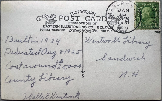 1931 Postcard bring sent to the Samuel H. Wentworth Library in Sandwich